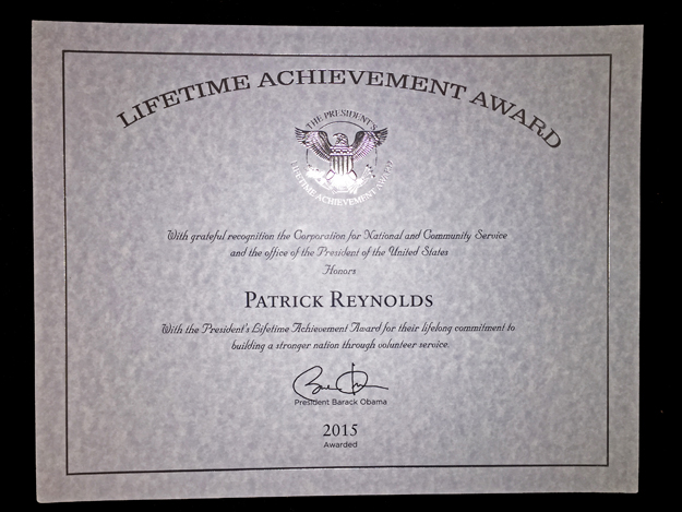 White House Lifetime Achievement award to anti-smoking advocate Patrick Reynolds from President Barack Obama, September, 2015